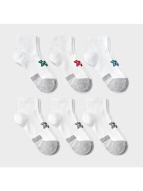 All in Motion Boys' Ankle Socks 6 pk size Large shoe size 3-7 White NEW